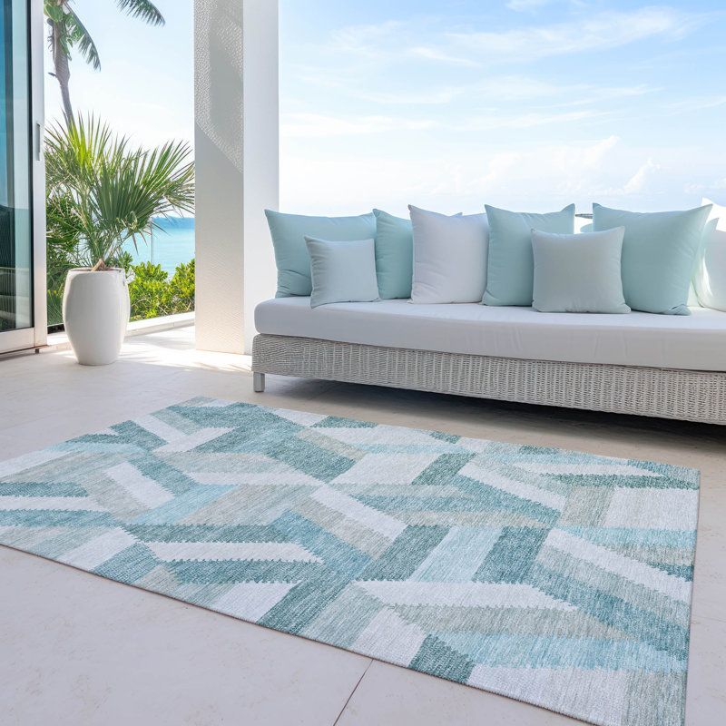 Machine Washable Indoor/Outdoor Claudian ACN1241 Teal Rug, Rectangle 8' x 10'