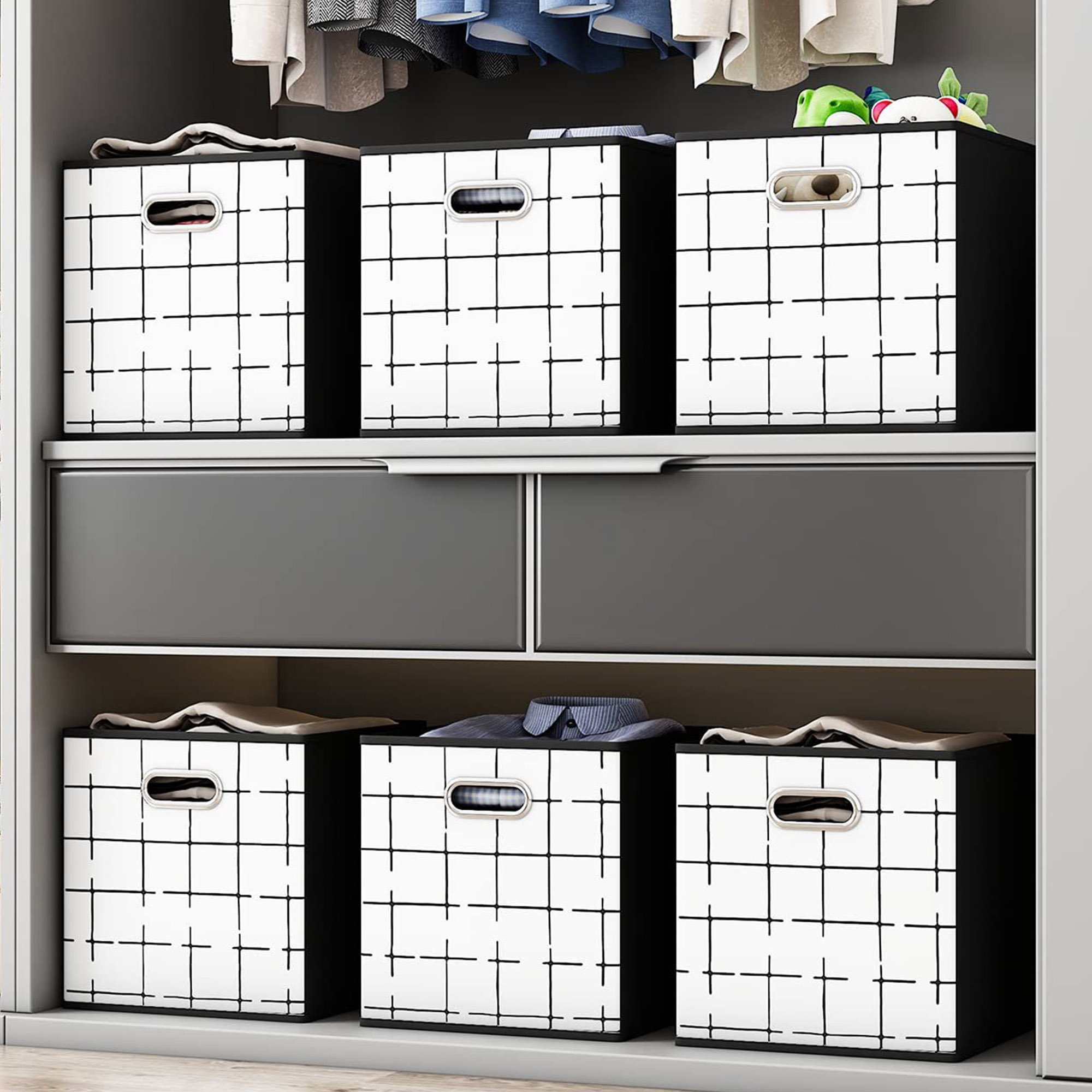 Latitude Run® 11" 6 Pcs Black&White Fabric Storage Cubes with Oval