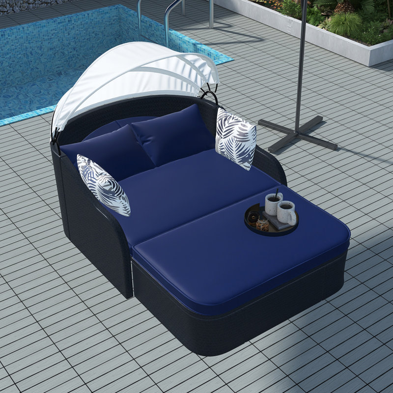 79.9" Outdoor Sunbed With Adjustable Canopy, Beige, Black