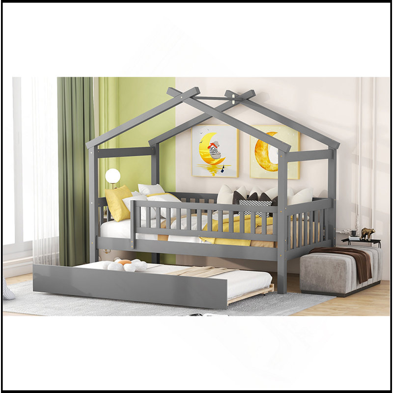 Lit en bois avec lit gigogne simple, Gris