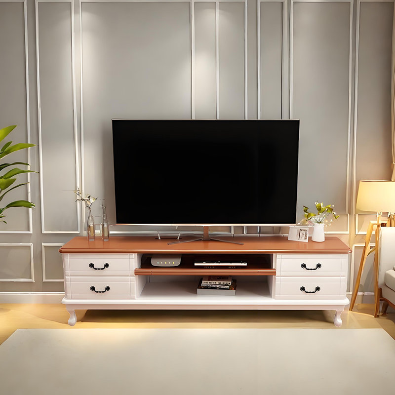 Meuble télé moderne en bois massif, H 19,68 po x L 59,05 po x l 14,17 po, Blanc / Brun
