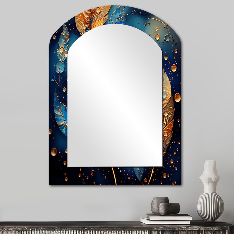 Boho Glam Gold Feathres On Cosmic Blue - Miroir mural en plumes, miroir décoratif asymétrique moderne, 34 po x 25 po
