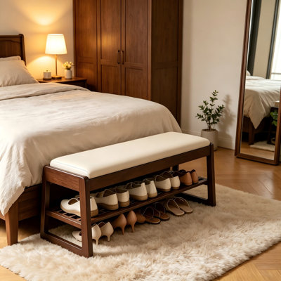 Banc de rangement pour chaussures d'entrée en bois 39,37 pouces avec siège en cuir végétalien, rangement dissimulé sur le dessus et tablettes ouvertes à niveaux, banc de rangement robuste pour chaussures pour chambre à coucher dans le couloir, blanc