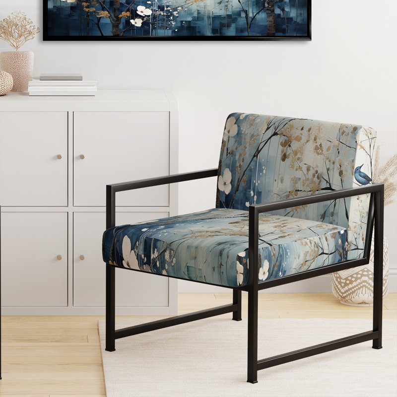 Blue and White Forest Winter Harmony I - Fauteuil rembourré scandinave, fauteuil d'appoint Forest Landscape, Noir