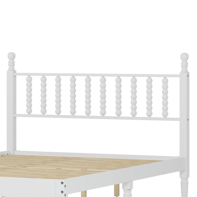 Lit plateforme grand en bois avec tête de lit gourde, style rétro, support en lattes de bois, aucun sommier requis, blanc