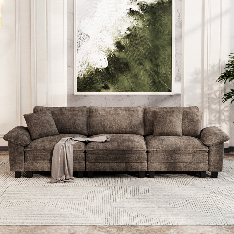 124" Modular Sectional Sofa, Comfy Cloud Couch For Living Room, 3-seater Deep Seat Sofa With Throw Pillow, Brown Chenille