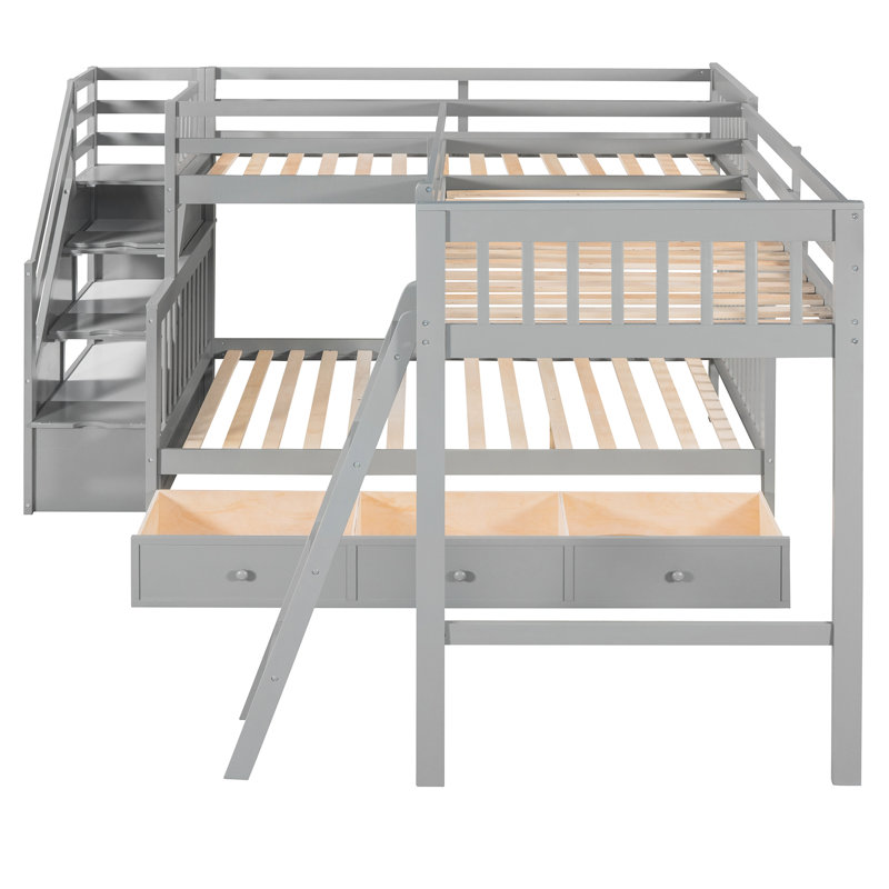 Lit superposé simple au-dessus d'un lit double en L gris. 3 tiroirs de rangement. Fabrication solide. Garde-corps inclus. Dimensions 118,3 x 96,8 x 61,2. Nécessite un assemblage gris avec et un escalier. Structure en bois. Ample