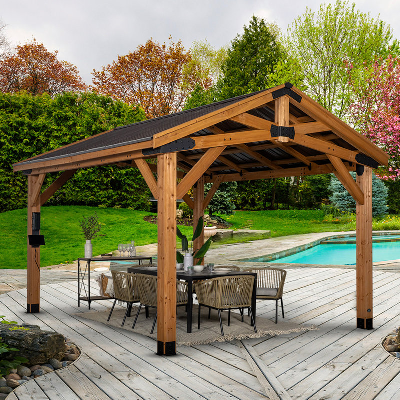 Backyard Discovery Norwood 14' x 12' Cedar Wood Outdoor Patio Gazebo with Hardtop Galvanized Steel Peak Roof and PowerPort