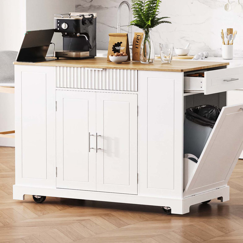 Fluted Kitchen Island with Trash Can Storage Cabinet, Power Outlet, Internal Storage Rack, Rolling Kitchen Islands on 5 Wheels with 3 Drawer, 3 Open Side Racks for 10 Gallon Garbage Bin, White