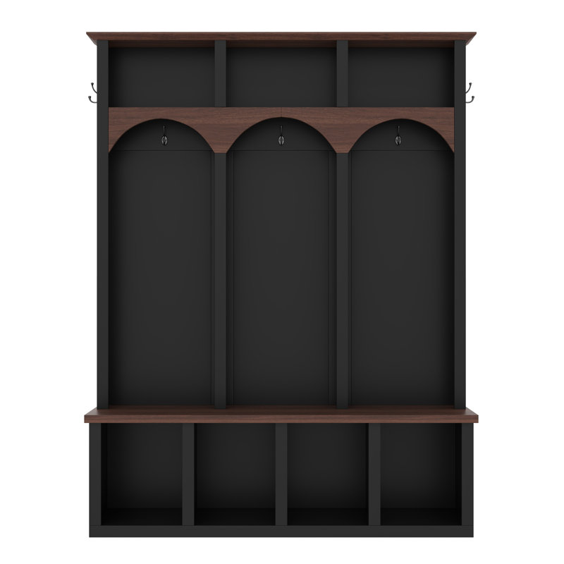 Farmhouse Wooden Style Hall Tree With Arched Design And Storage Bench, Black, Black
