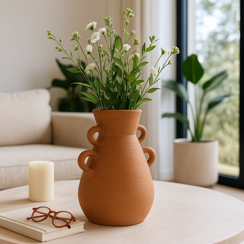 Boho Pottery Terracotta Vase with Sculptural Handles and Artisan-Inspired Craftsmanship for Decorative Accent Display in Global Eclectic Modern Rustic Farmhouse Mediterranean Interiors Decor