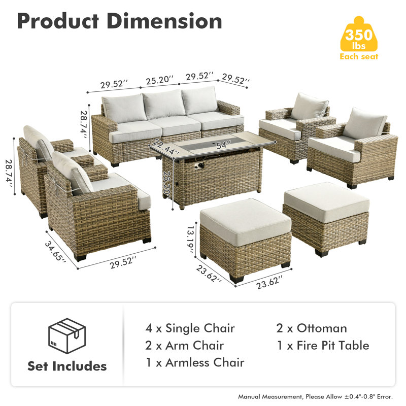 Carolle 9 Piece Patio Furniture With Fire Pit Table, 9-person Comfy Outdoor Rattan Wicker Conversation Set For Porch Balcony Backyard Pool