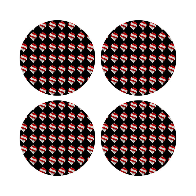 Xmas Ornament Vegan Leather Round Pebble Placemat, Black