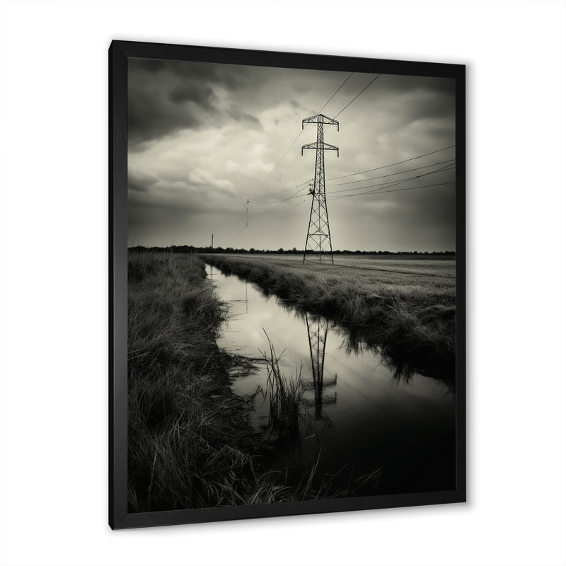 Lignes électriques noires et blanches Horizon II sur toile, Cadre simple noir, H 20 po x l 12 po x P 1 po