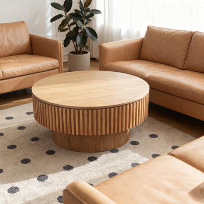 Table basse 31,5 po ronde avec rangement Table d'appoint moderne en placage de bois massif pour salon, chambre à coucher, appartement ou bureau, bois naturel