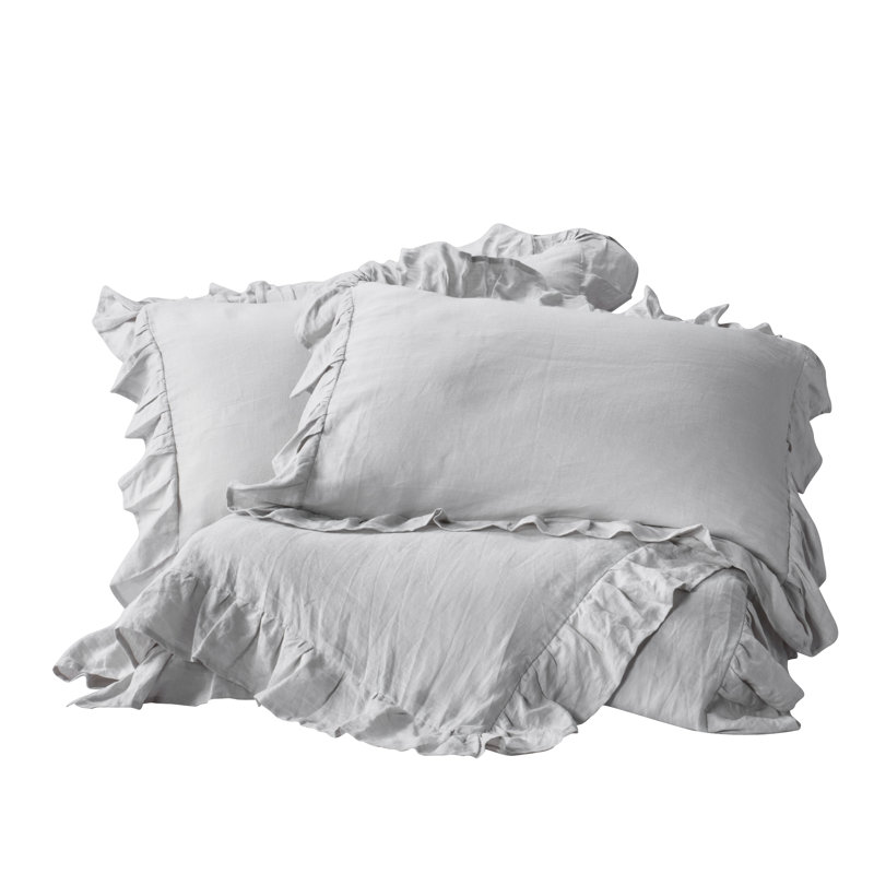 Meadow Park 100% French Linen Ruffled Duvet Cover Set | Stone Washed 3 Piece Bedding Set | OEKO-TEX Certified, brown