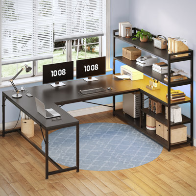 63'' Reversible Computer Desk With LED Power Outlet And Storage Shelves
