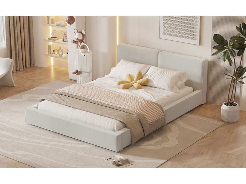 Grand lit plateforme tapissier avec tissu en velours, lit au sol avec cadre uni, beige