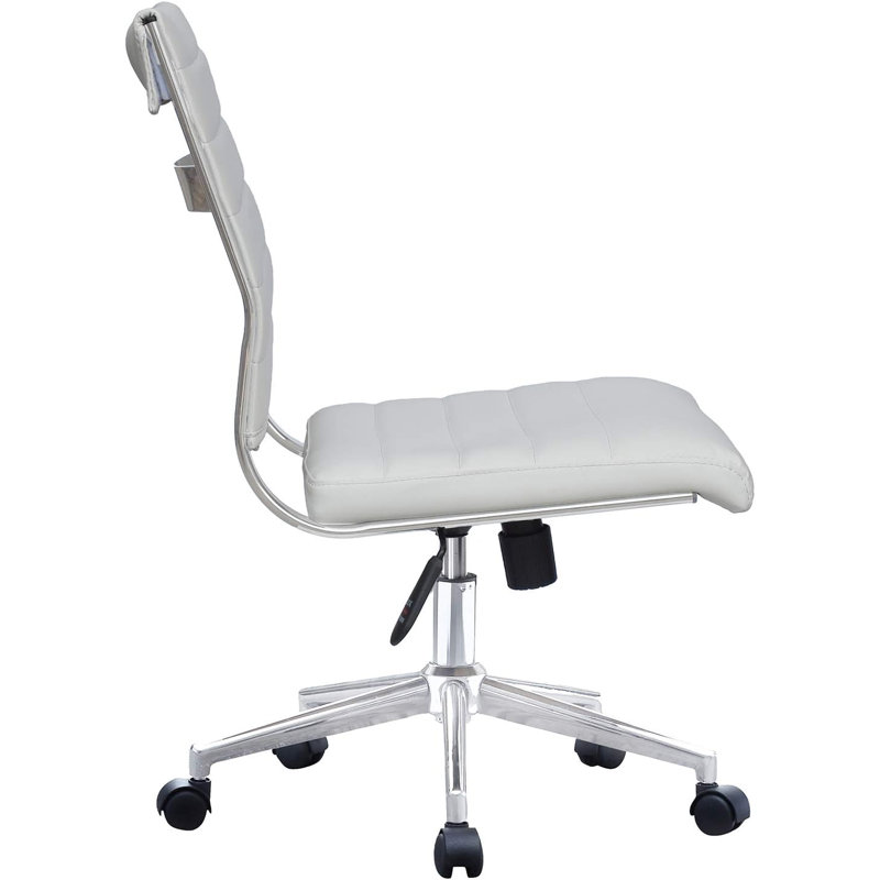 Scandinavian Minimalist Ergonomic Office Desk Chair Mid Back Ribbed PU Leather Armless Conference Task Chair with Swivel Tilt & Adjustable Height, White