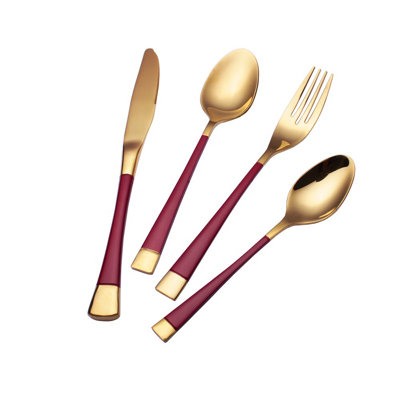 24 Piece Silverware Set, Stainless Steel Red Gold Flatware Service For 6, Modern Tableware Cutlery For Home