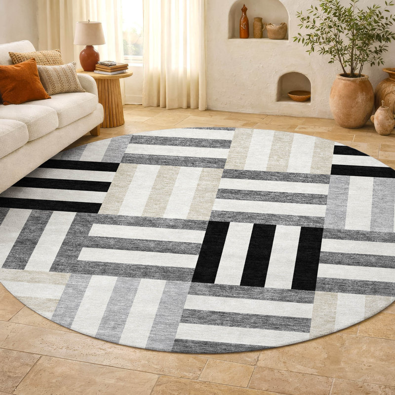 Premium Machine Washable Mayfield AMF2332 Geometric Rug, 8' Round, Black