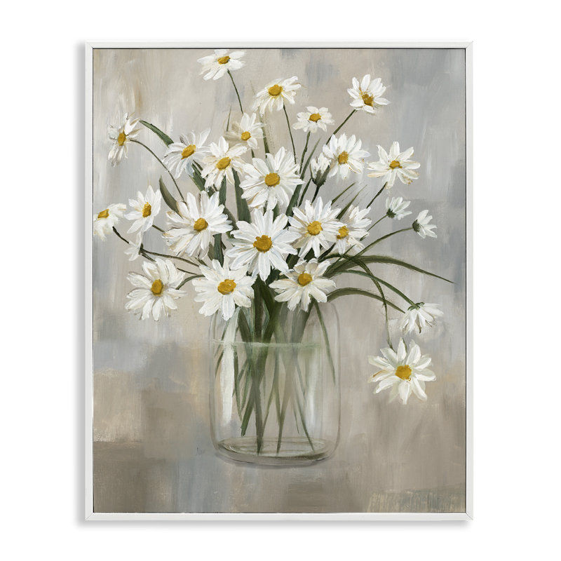Daisy Bloom Bouquet Potted Flowers Abstract Pattern by Nan - Painting, White Framed, 24" H x 30" W
