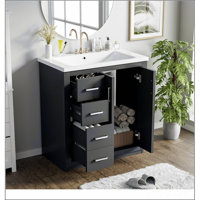 Ensemble de meuble-lavabo 30 po avec lavabo en céramique, armoire de rangement en bois massif, ensemble de meuble-lavabo autoportant avec 3 tiroirs et portes à fermeture douce