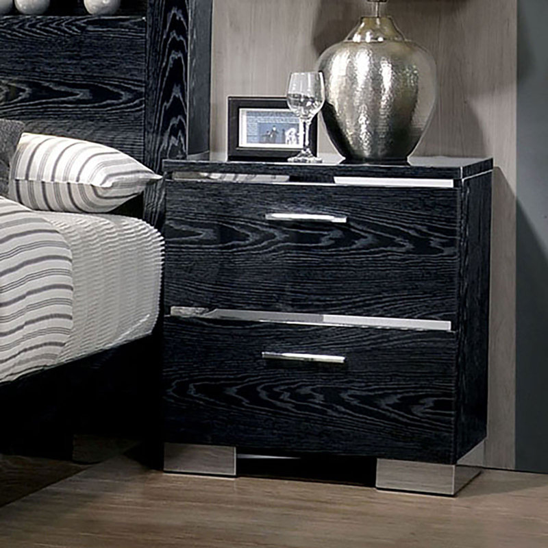 Table de chevet en métal et bois avec 2 tiroirs, Noir