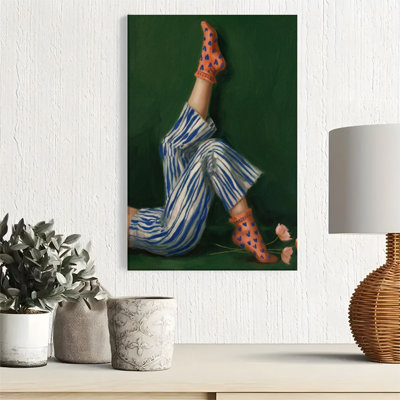 1pc Framed Canvas Wall Art Prints Poster, Close-up of legs, blue and white striped pants with orange heart-shaped socks, Impressionist style Art Poste