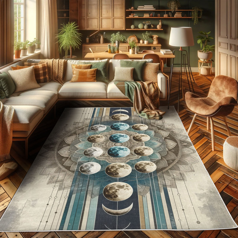 Cadet Blue and Eggshell Oriental Synthetic Area Rug, 5'2" x 7'6"
