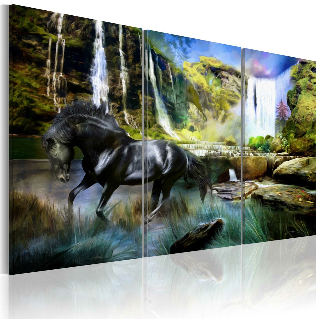 3-tlg. Leinwandbilder-Set Pferd auf himmelblauem Wasserfall-Hintergrund