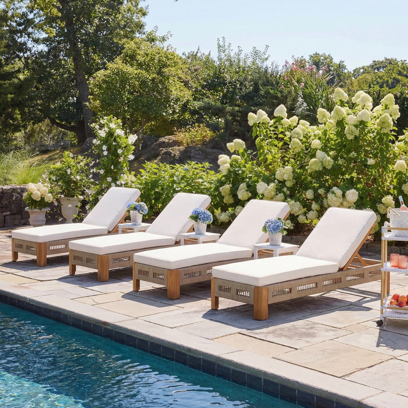 Aveline  Modern Coastal Acacia Wood Outdoor Chaise Lounge with Cushions & Adjustable Backrest, 4