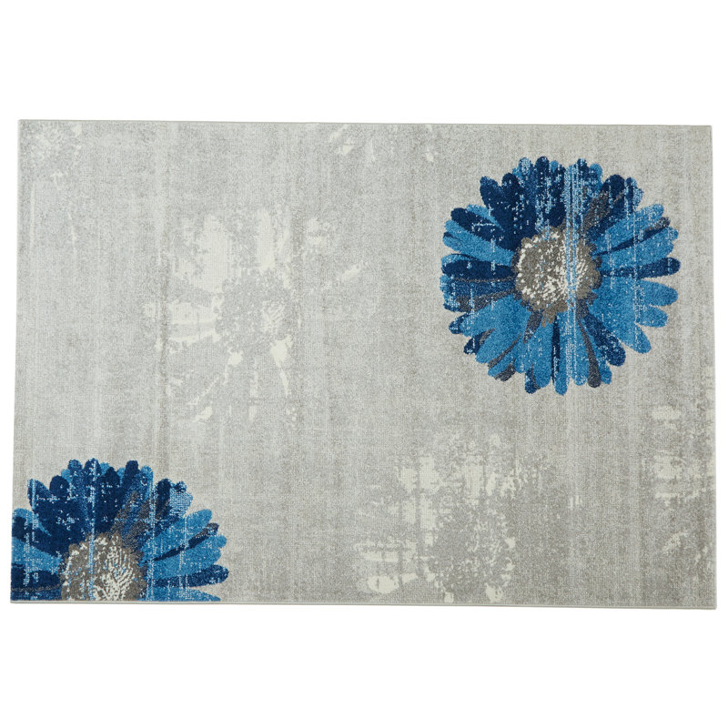 Tapis gris/bleu tissé à la machine Kossivi, Rectangle 4 pi 5 po x 6 pi 3 po