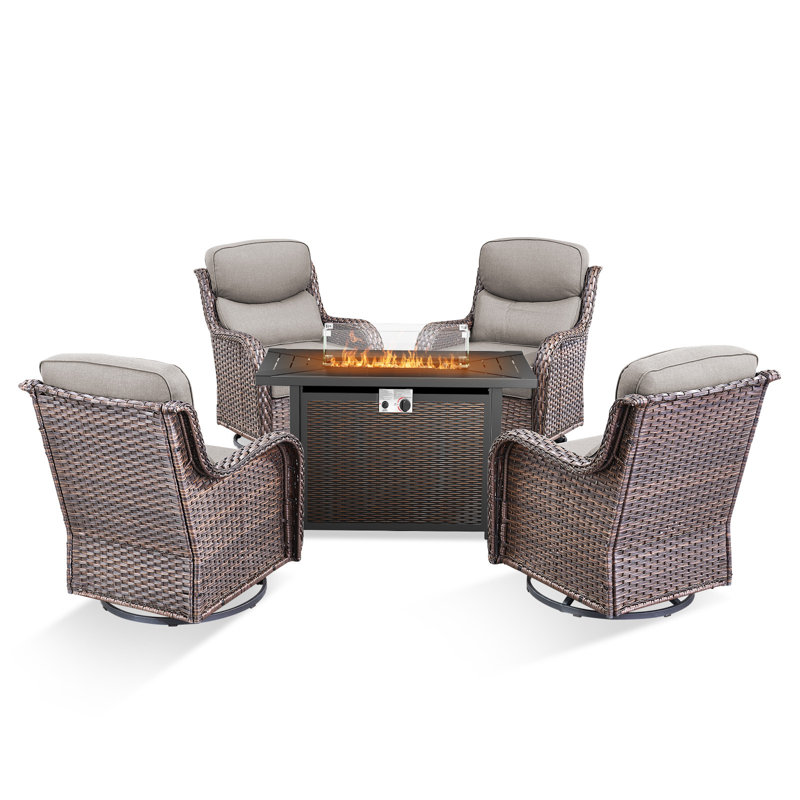 Wickes 5-Piece Patio Conversation Set With Rectangle Metal Fire Pit Table, 4 Outdoor Swivel Gliders With 6" Thick Cushions