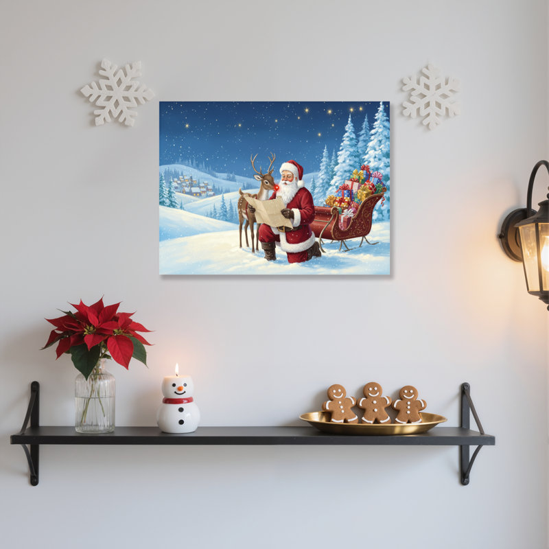 «Santa Reindeer Snowscape», art mural sur toile, H 16 po x l 24 po