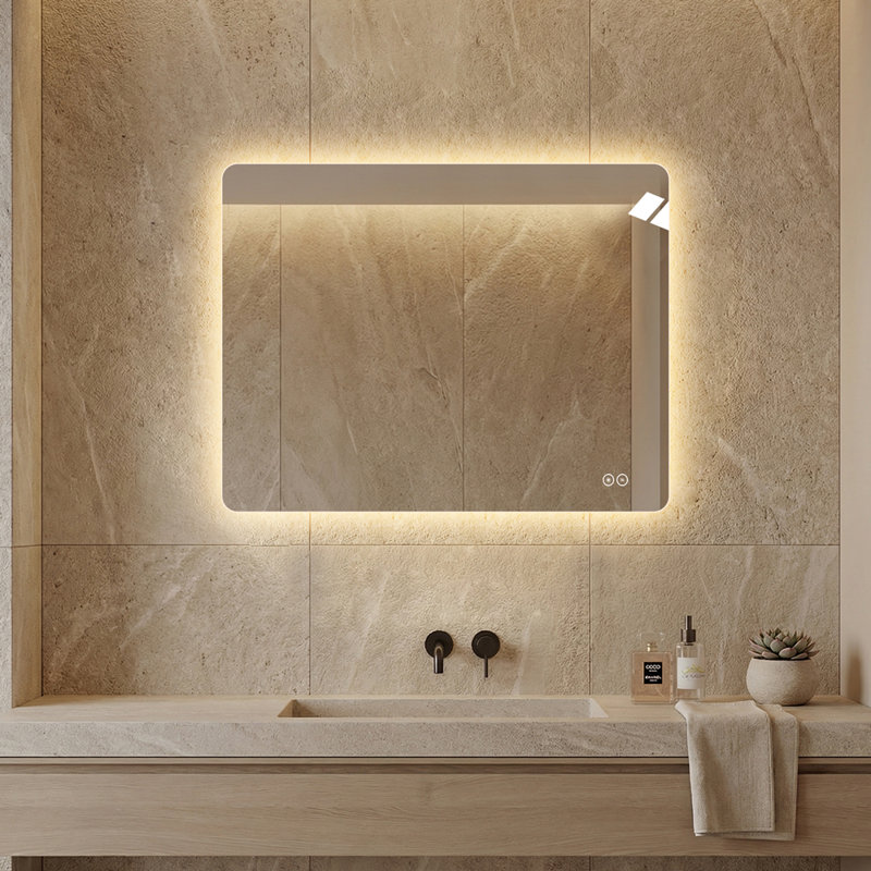 36" x 28"Frameless Rounded Rectangle LED Backlit Bathroom Mirror with Anti-Fog, 3-Color Dimmable Light and Touch Control