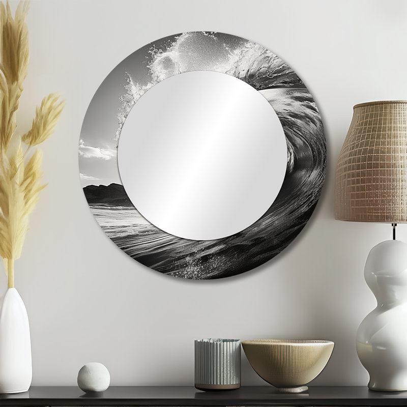 Photo en noir et blanc Wave I - miroir mural décoratif de plage, miroir gris, impression d'art en métal, 23 po x 23 po, Rond