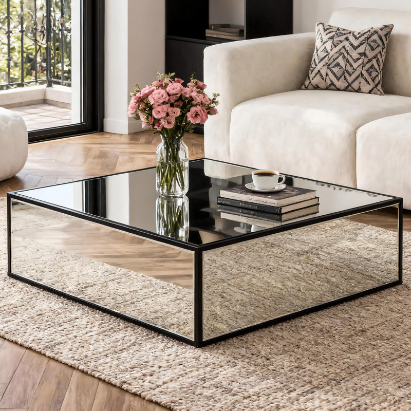 Fahd Block Coffee Table Mirrored Finished Black Metal Frame Sofa Table