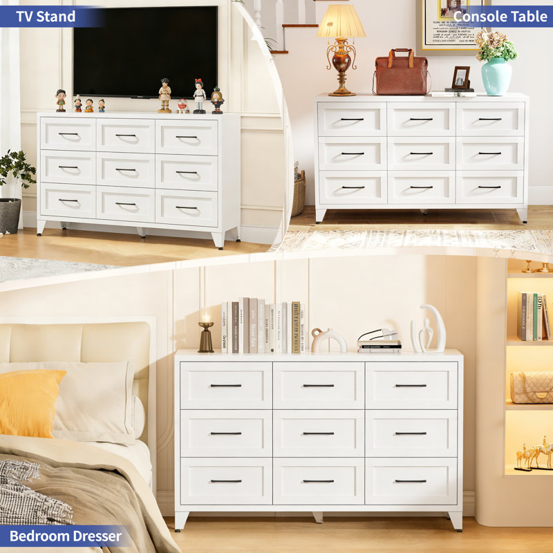 Metal Dresser Chest with 6 Drawers TV Stand for Bedroom, Hallway, Living Room, White