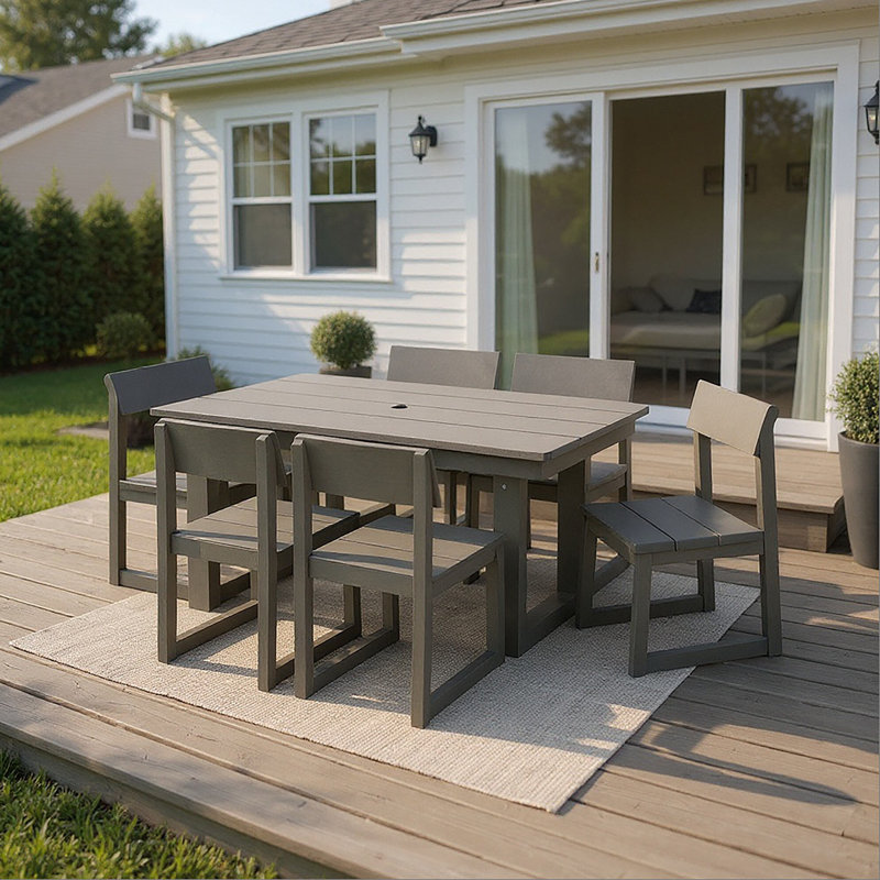 7-Piece HDPE Outdoor Dining Set for 6 – Weather-Resistant Patio Table with Umbrella Hole and 6 Armless Chairs, Durable Garden Furniture for Backyard, Lawn(Gray)