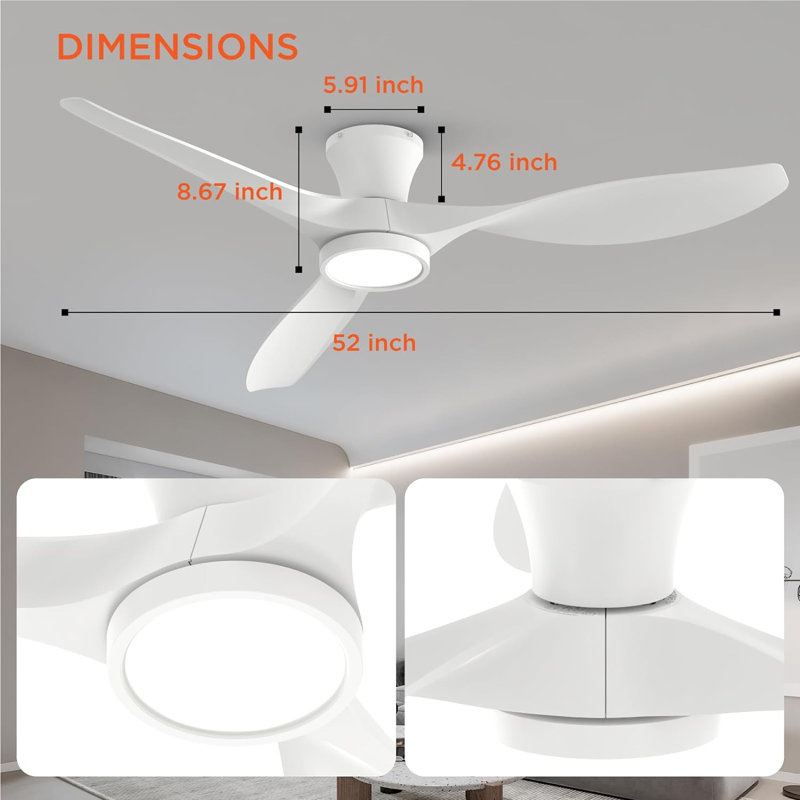 52'' Ceiling Fan With Led Lights (set of 2), White with White Blades