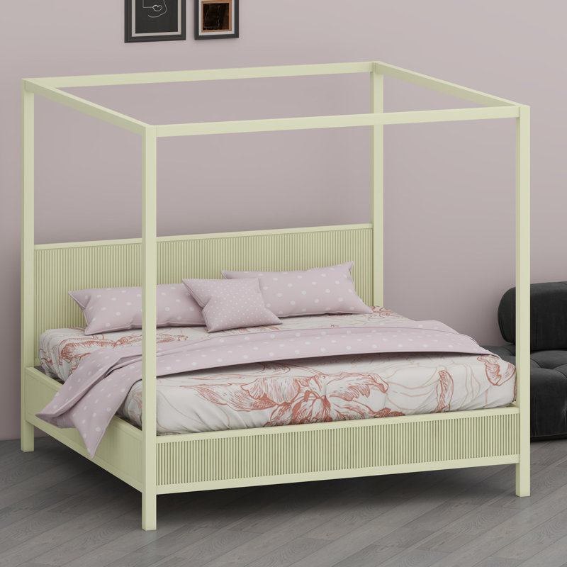Lit plateforme à baldaquin en bois avec lattes de soutien renforcées, Beige