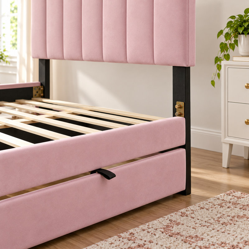 Grand lit plateforme tapissier en velours avec très grand lit simple TG, Pink