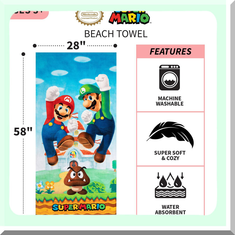 Super Mario Kids Ultra-Soft Cotton Towel - 58x28 Inch Bath/Pool/Beach