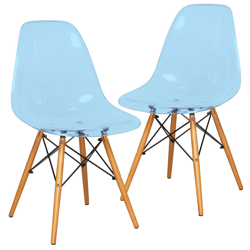 Dubuque Dining Side Chair with Metal Eiffel Base Design and Beech Wood Legs, 2, Transparent Blue
