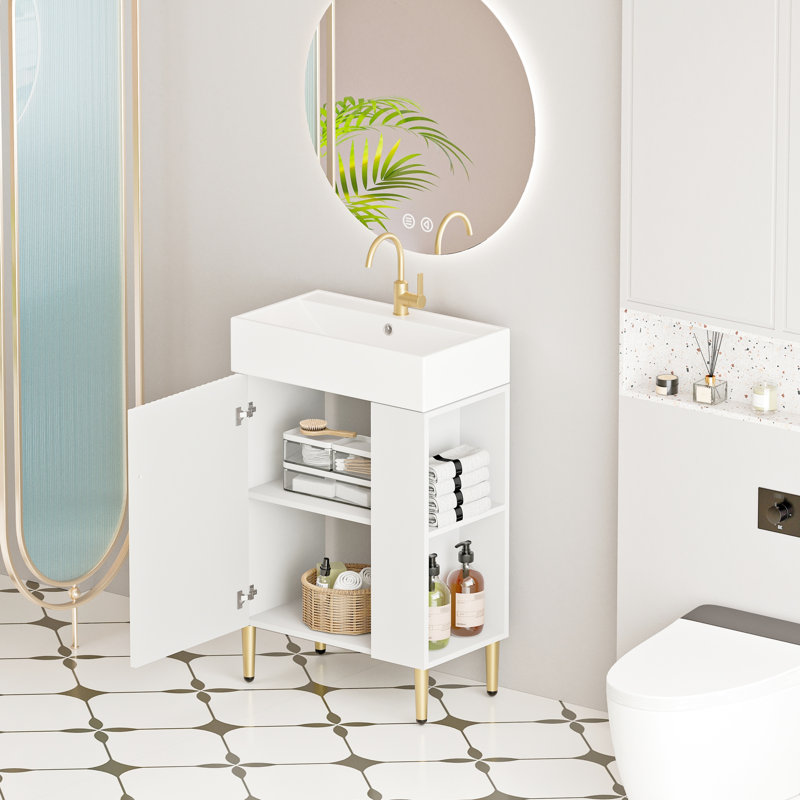 Meuble-lavabo de salle de bain avec lavabo en céramique, meuble de rangement à tablettes ouvertes, meuble de rangement moderne 24Vb06-21Whr, porte de placard blanc 21,6 ", maximisant l'espace