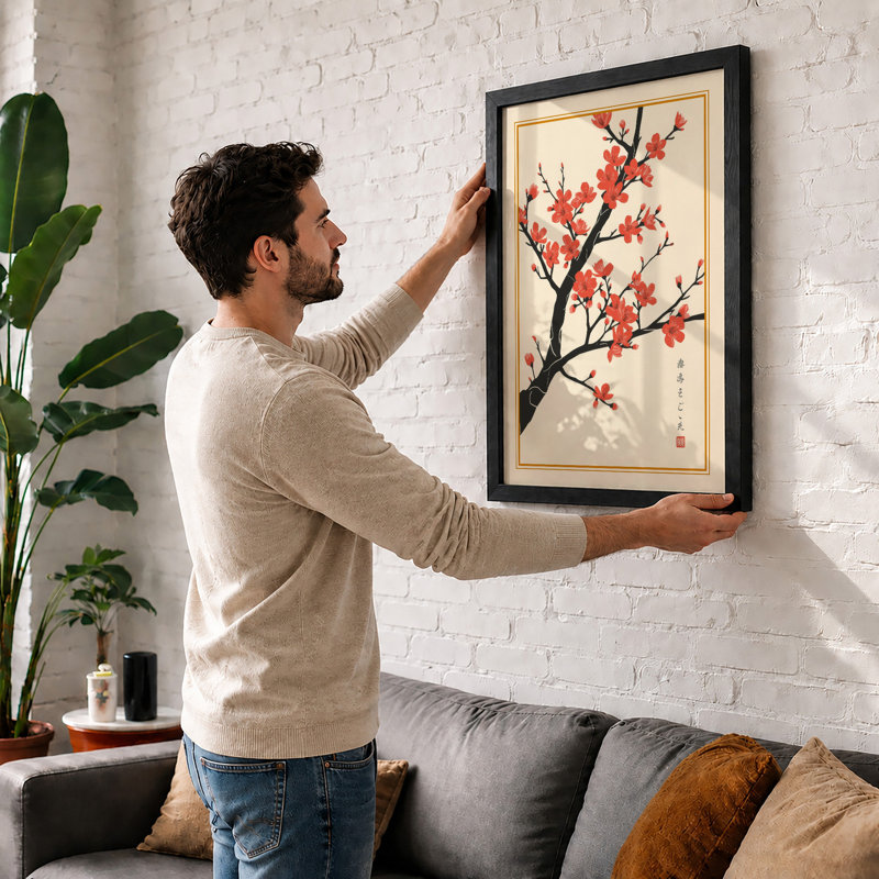Moonlit Cherry Blossom Japandi - Framed Print, Walnut, A4 - 29.7 x 21.0 cm