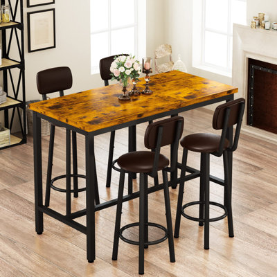 Industrial Bar Table Set with 4 PU Stools - Counter Height, Space-Saving 5-Piece Dining Set (43” L)