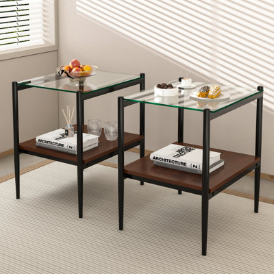 Table de bout rectangulaire en verre trempé et cadre avec rangement en surface 15,5 "x H 20,83"