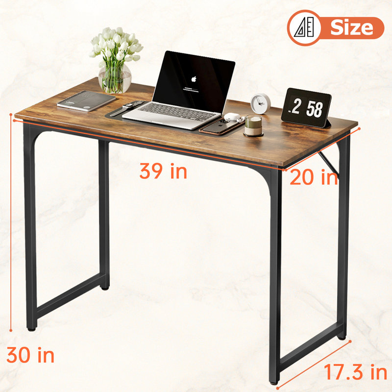 Petit bureau moderne avec bureau et bureau en métal pour bureau à domicile, H 30 po x l 39 po x P 20 po, Brun / Noir